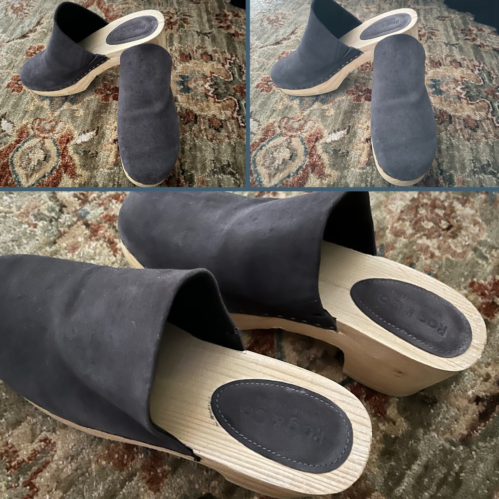 Womens Rag & Co Darcie Grey Suede Wooden Clogs Handmade Mule Lotta Swedish Shoe